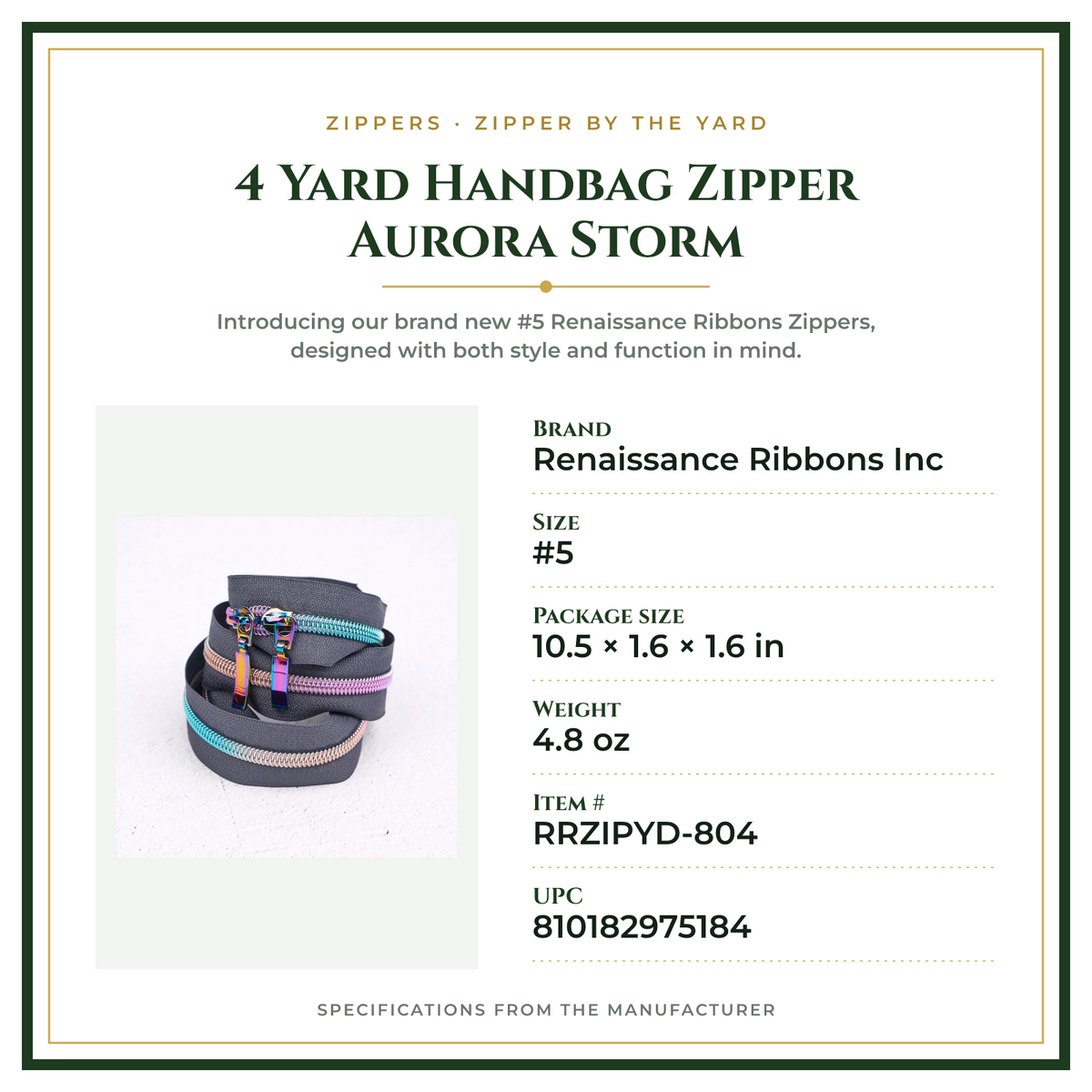 Product Specifications – 4 Yard Handbag Zipper Aurora Storm
