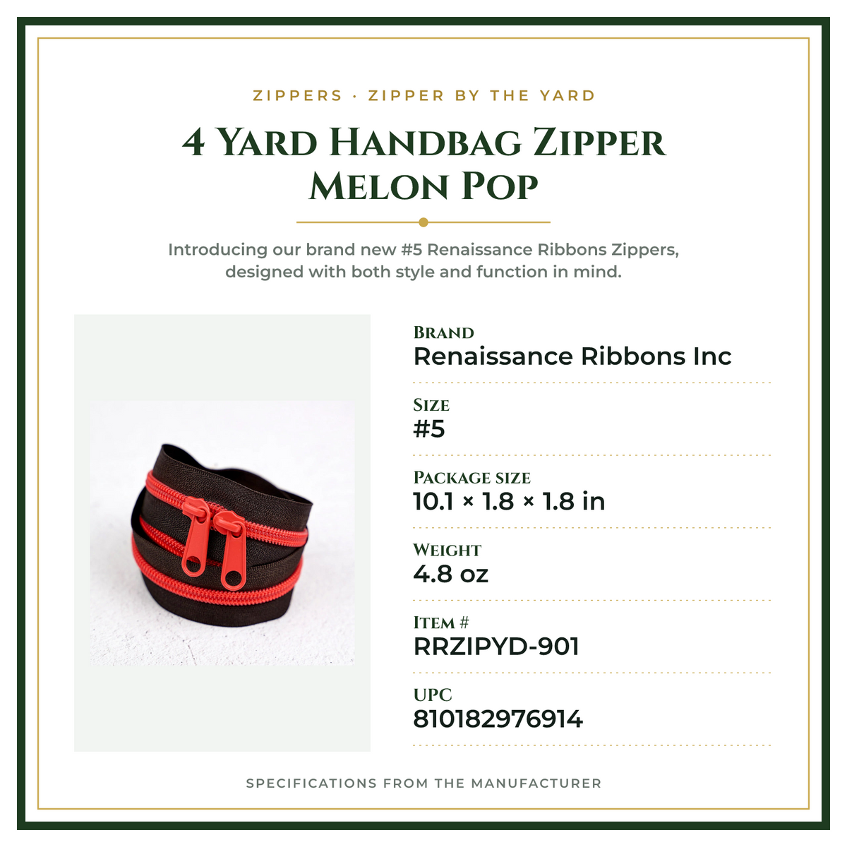 Product Specifications – 4 Yard Handbag Zipper Melon Pop