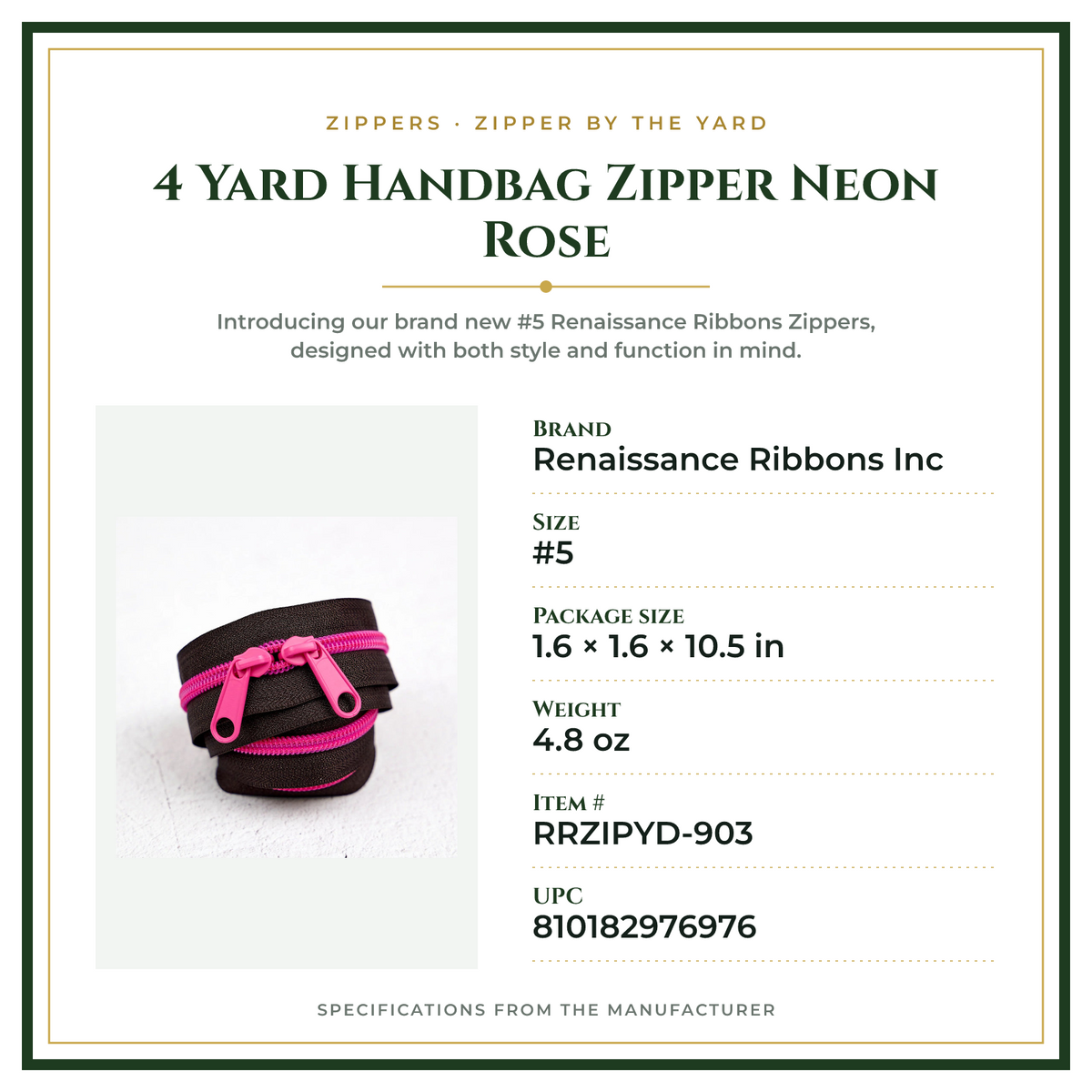 Product Specifications – 4 Yard Handbag Zipper Neon Rose