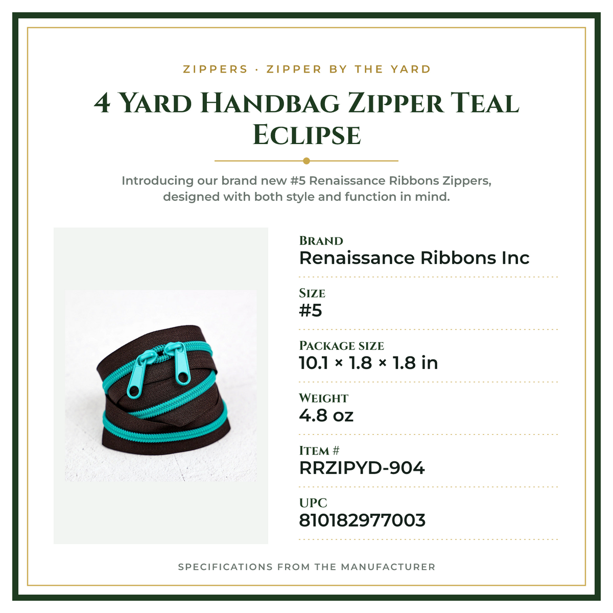 Product Specifications – 4 Yard Handbag Zipper Teal Eclipse