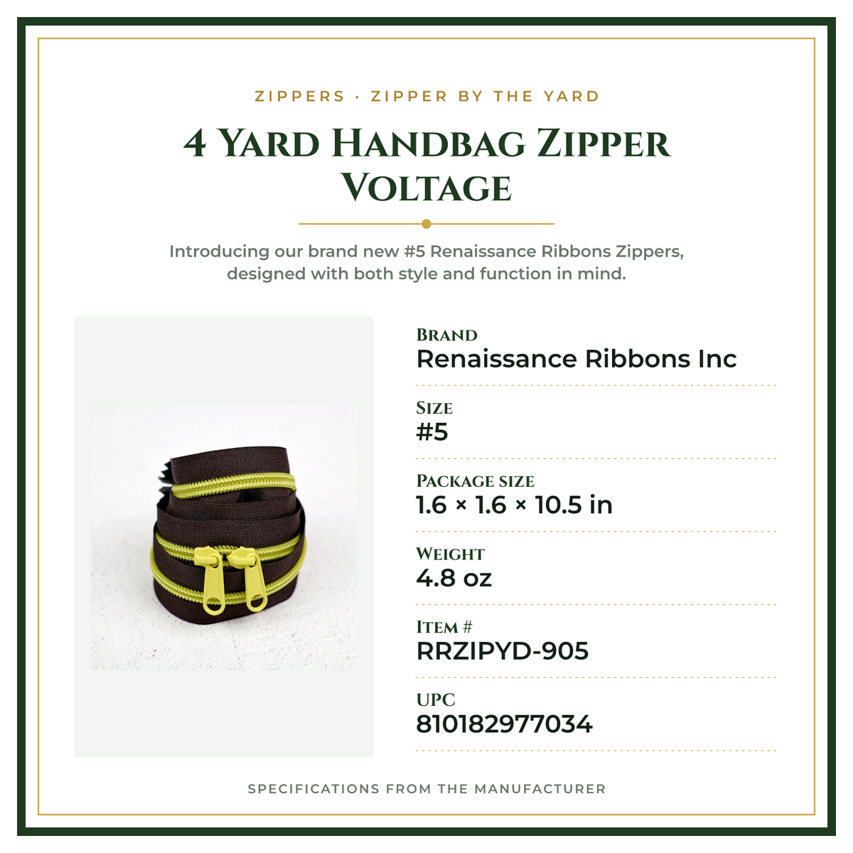 Product Specifications – 4 Yard Handbag Zipper Voltage