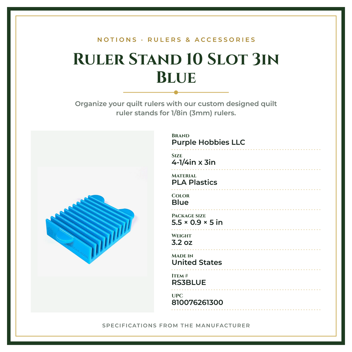 Product Specifications – Ruler Stand 10 Slot 3in Blue