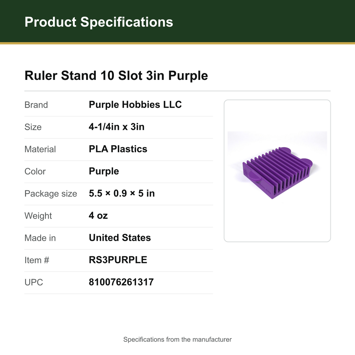 Product Specifications – Ruler Stand 10 Slot 3in Purple