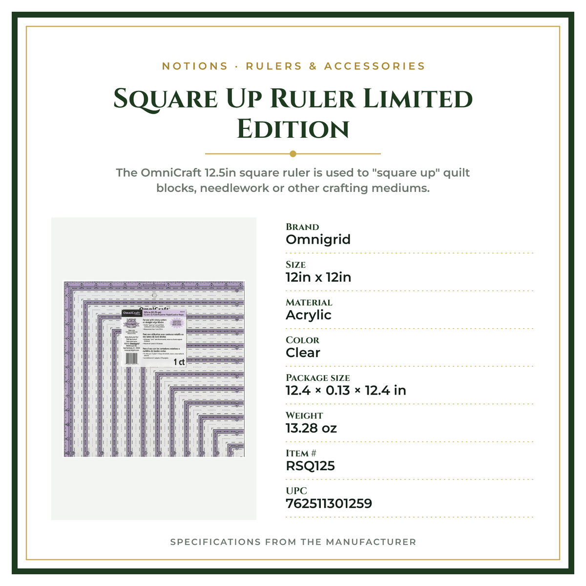 Product Specifications – Square Up Ruler Limited Edition