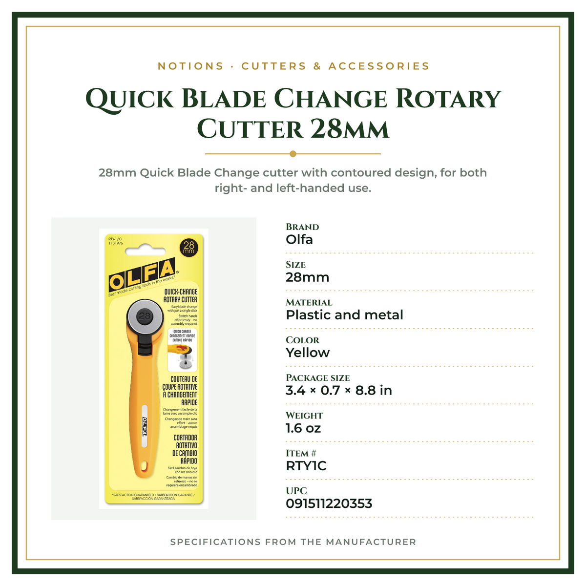 Product Specifications – Quick Blade Change Rotary Cutter 28mm