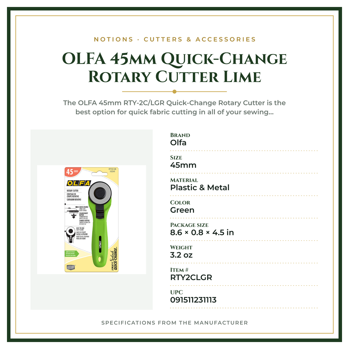 Product Specifications – OLFA 45mm Quick-Change Rotary Cutter Lime
