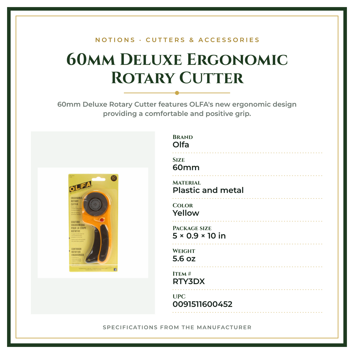 Product Specifications – 60mm Deluxe Ergonomic Rotary Cutter