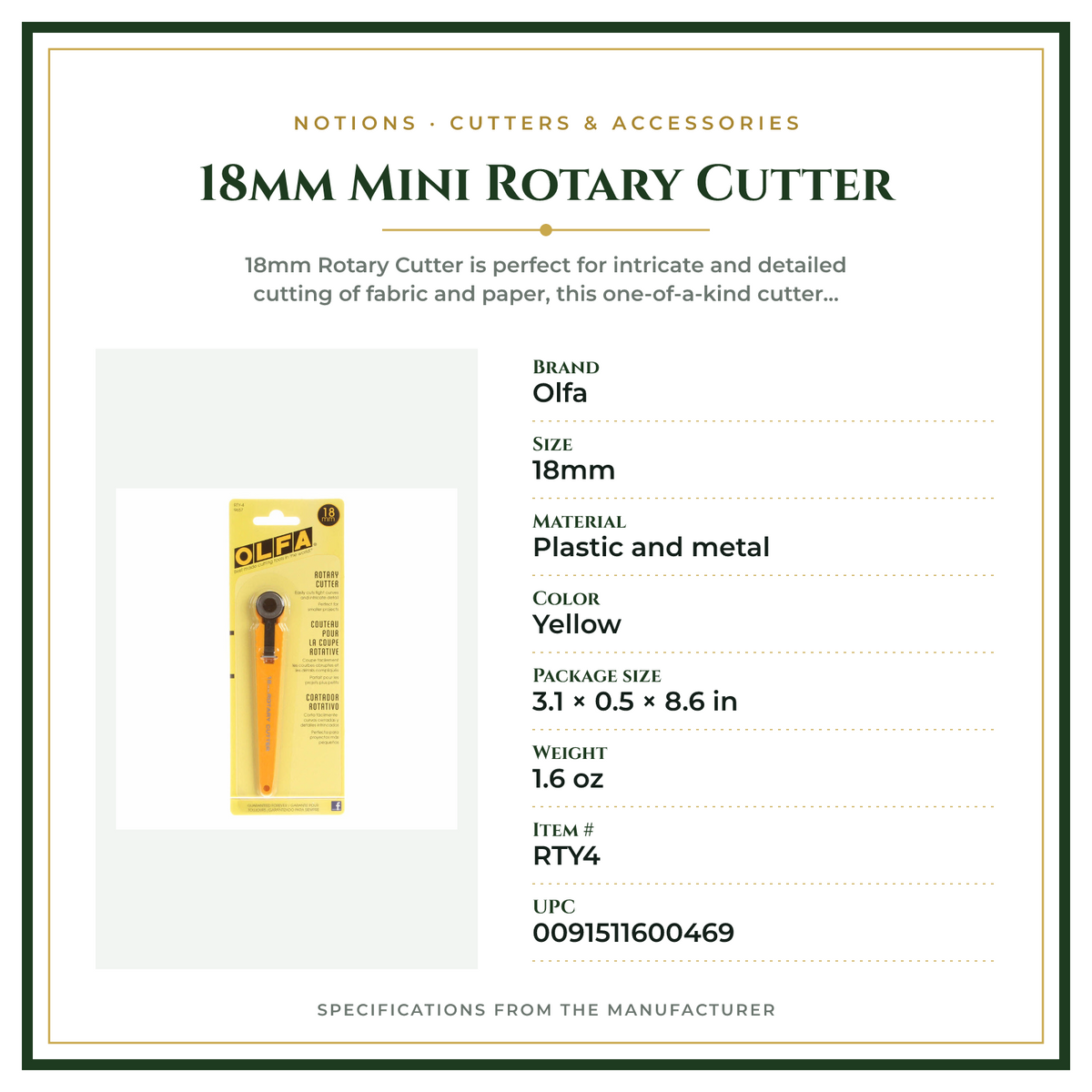 Product Specifications – 18mm Mini Rotary Cutter