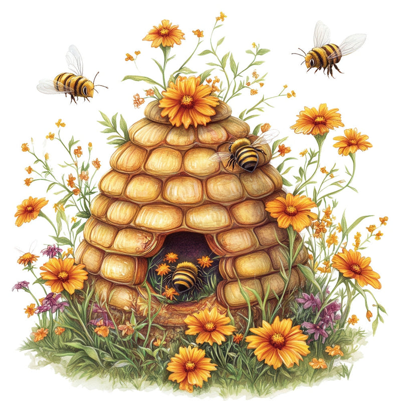 Rustic Beehive with Flowers Fabric Panel 21