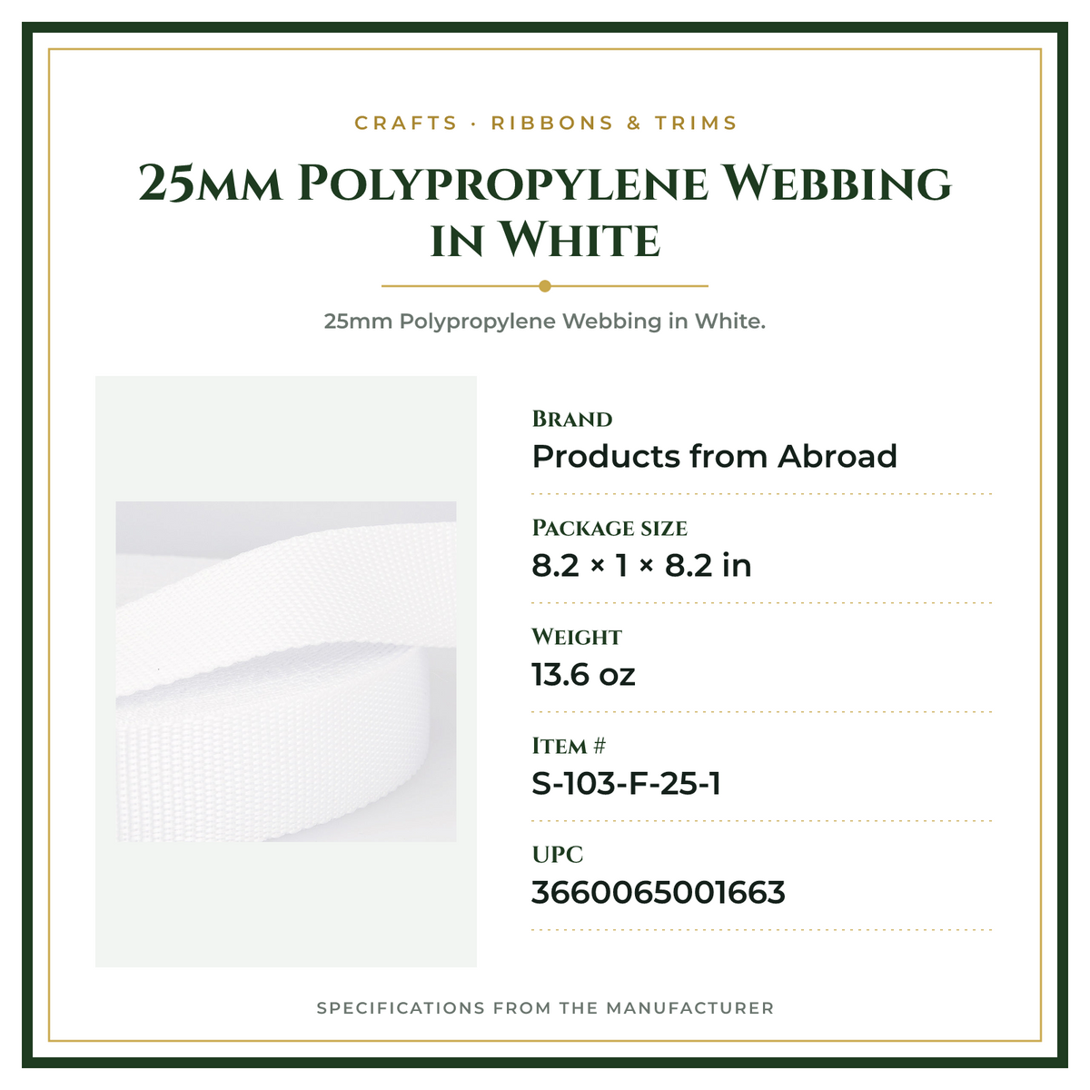 Product Specifications – 25mm Polypropylene Webbing in White