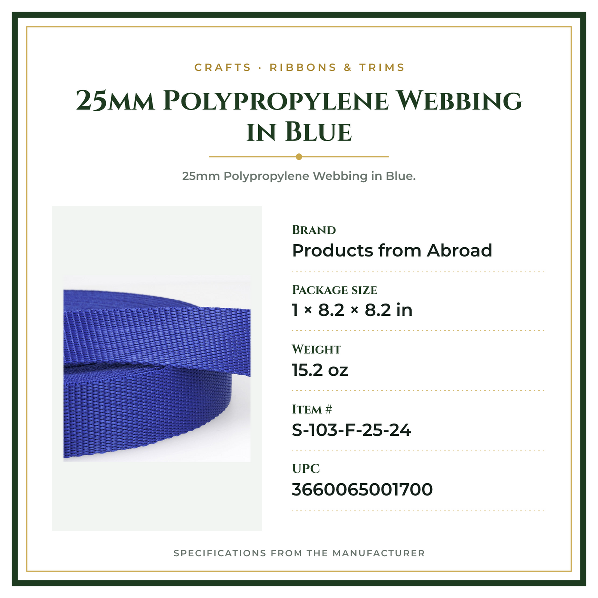 Product Specifications – 25mm Polypropylene Webbing in Blue