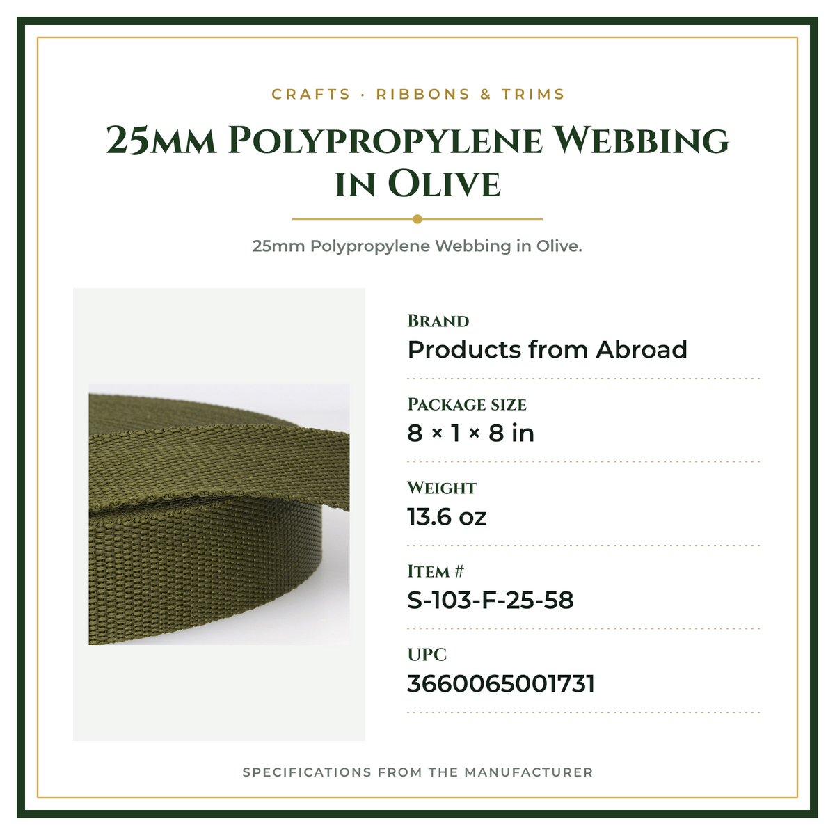 Product Specifications – 25mm Polypropylene Webbing in Olive