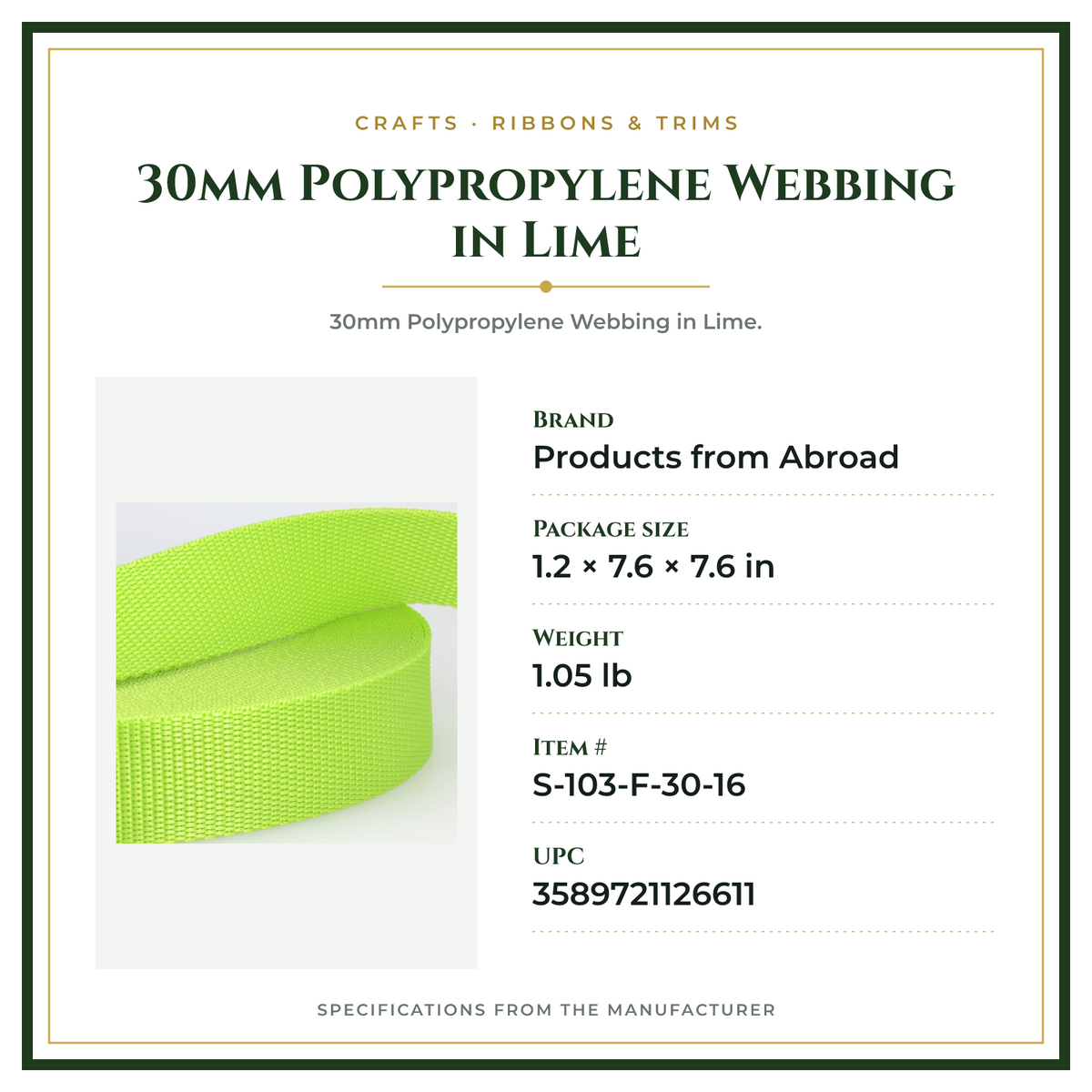 Product Specifications – 30mm Polypropylene Webbing in Lime