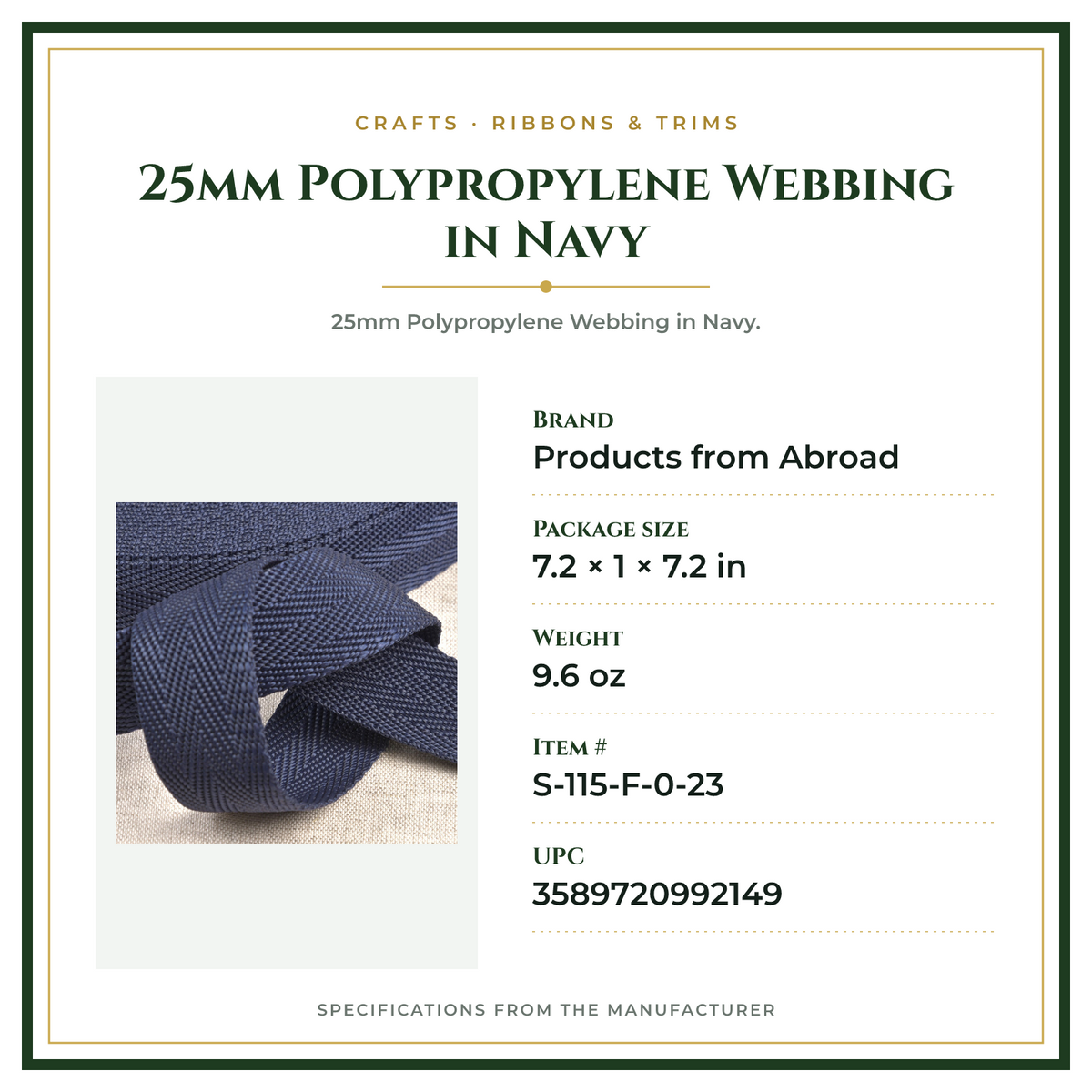 Product Specifications – 25mm Polypropylene Webbing in Navy