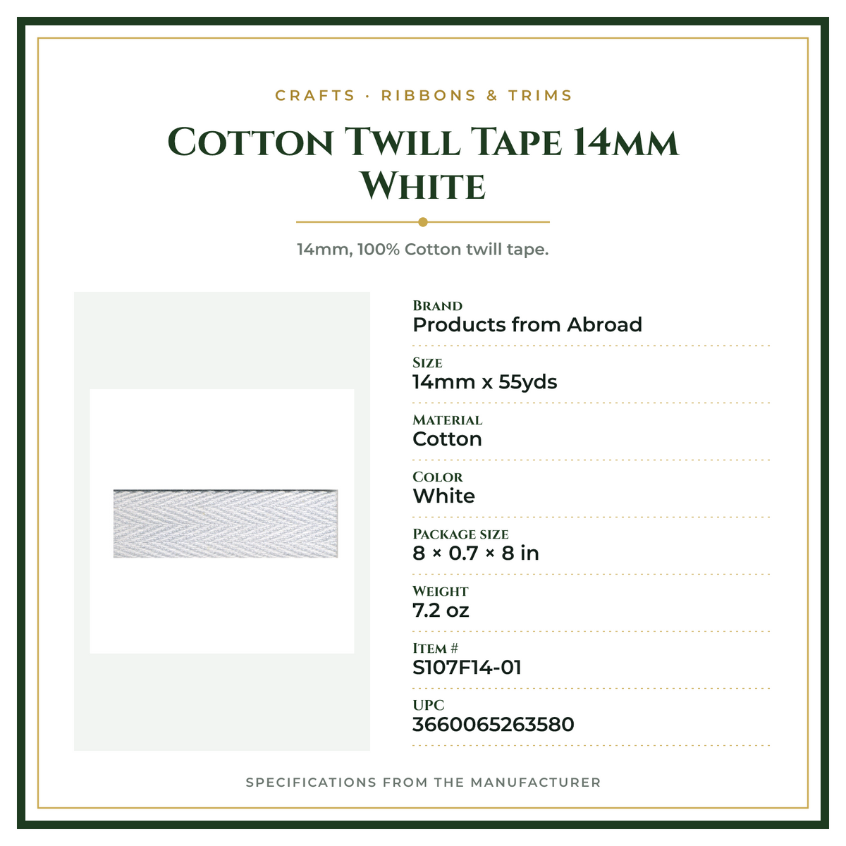 Product Specifications – Cotton Twill Tape 14mm White