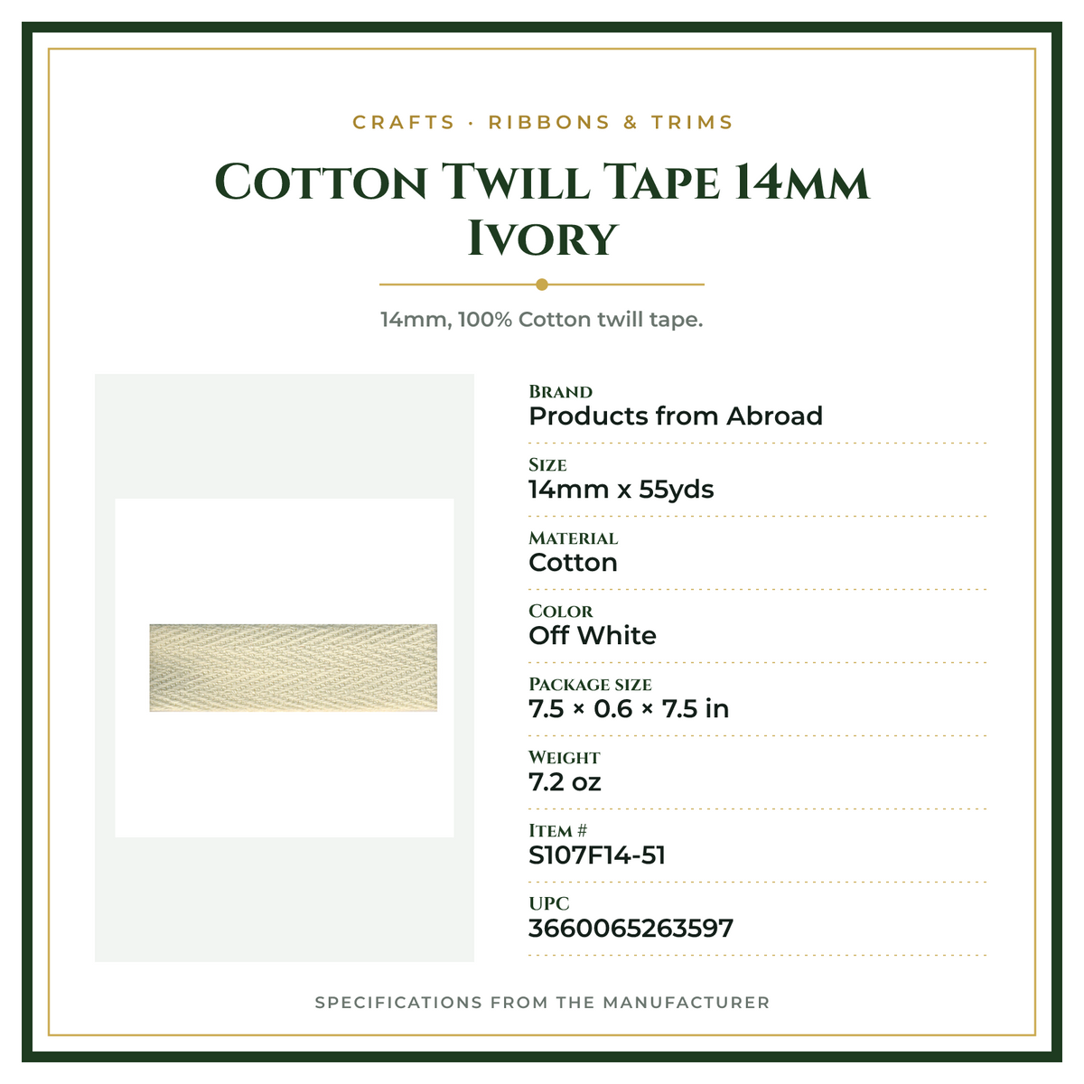 Product Specifications – Cotton Twill Tape 14mm Ivory