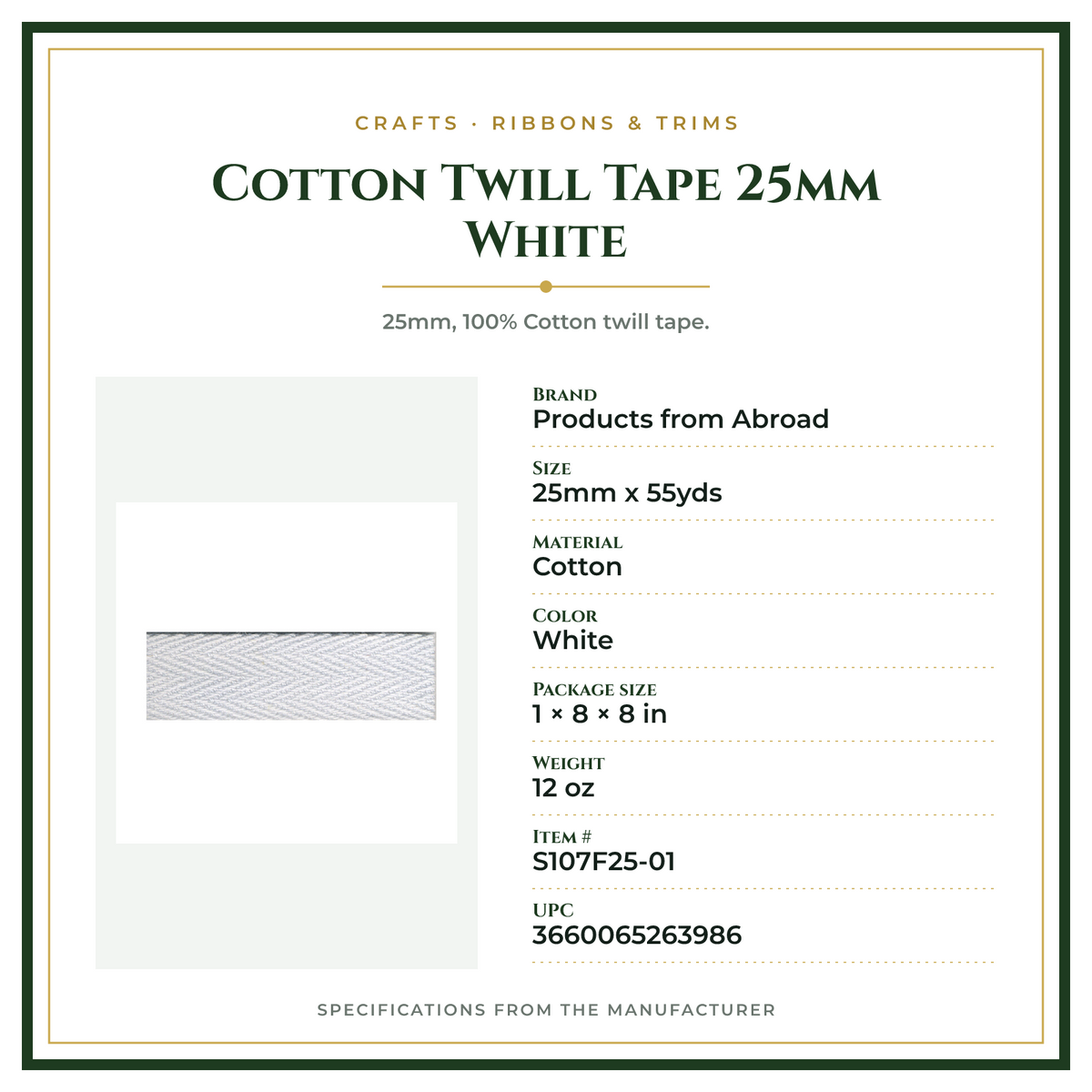 Product Specifications – Cotton Twill Tape 25mm White