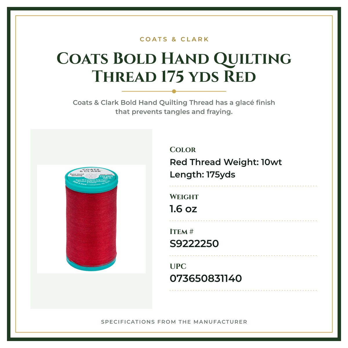 Product Specifications – Coats Bold Hand Quilting Thread 175 yds Red