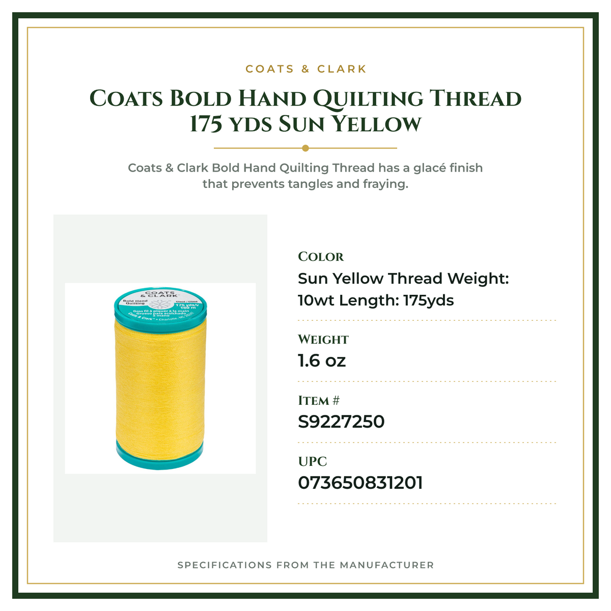 Product Specifications – Coats Bold Hand Quilting Thread 175 yds Sun Yellow