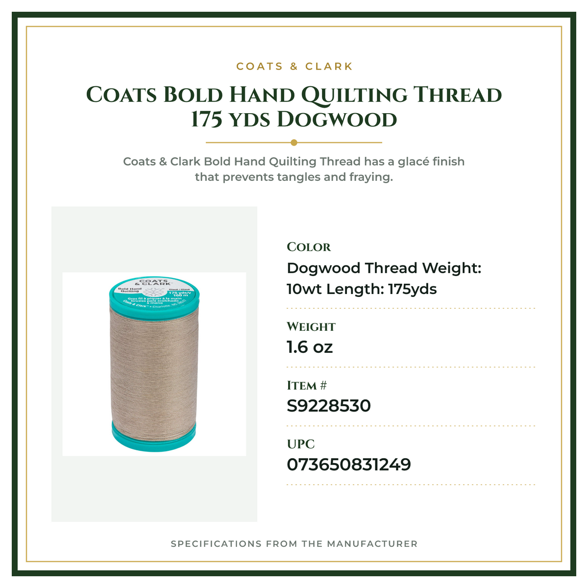 Product Specifications – Coats Bold Hand Quilting Thread 175 yds Dogwood