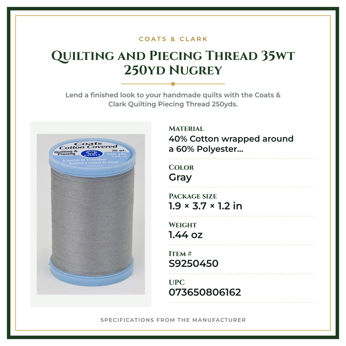 Product Specifications – Quilting and Piecing Thread 35wt 250yd Nugrey