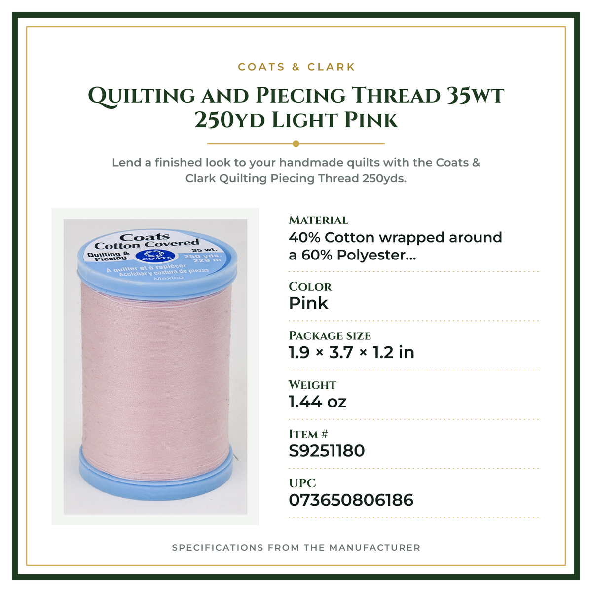 Product Specifications – Quilting and Piecing Thread 35wt 250yd Light Pink