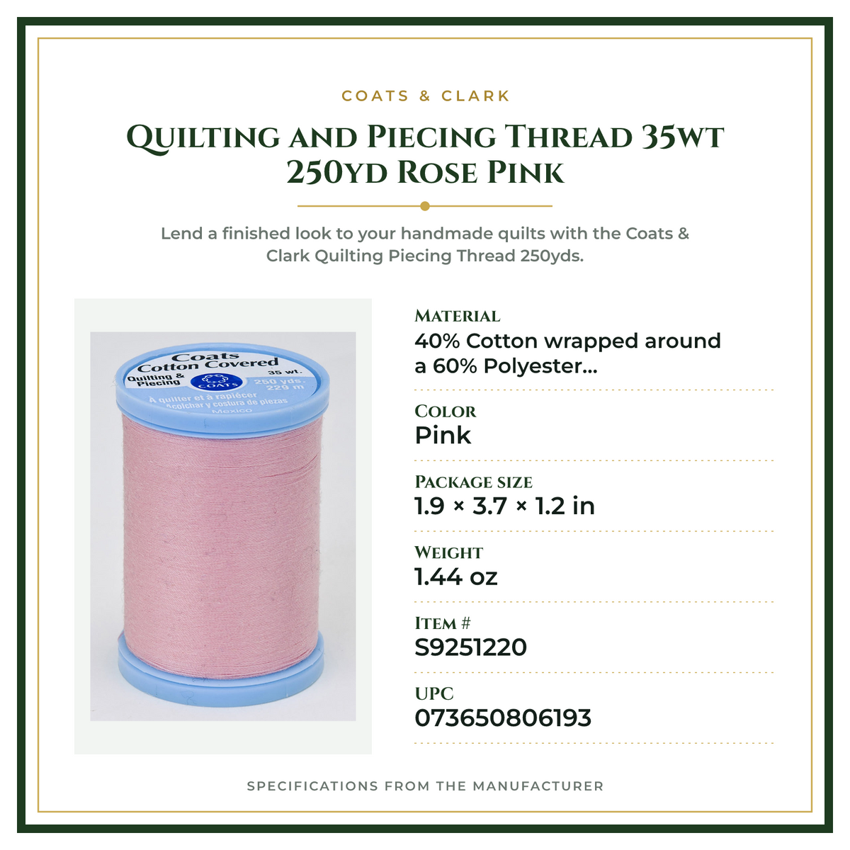 Product Specifications – Quilting and Piecing Thread 35wt 250yd Rose Pink