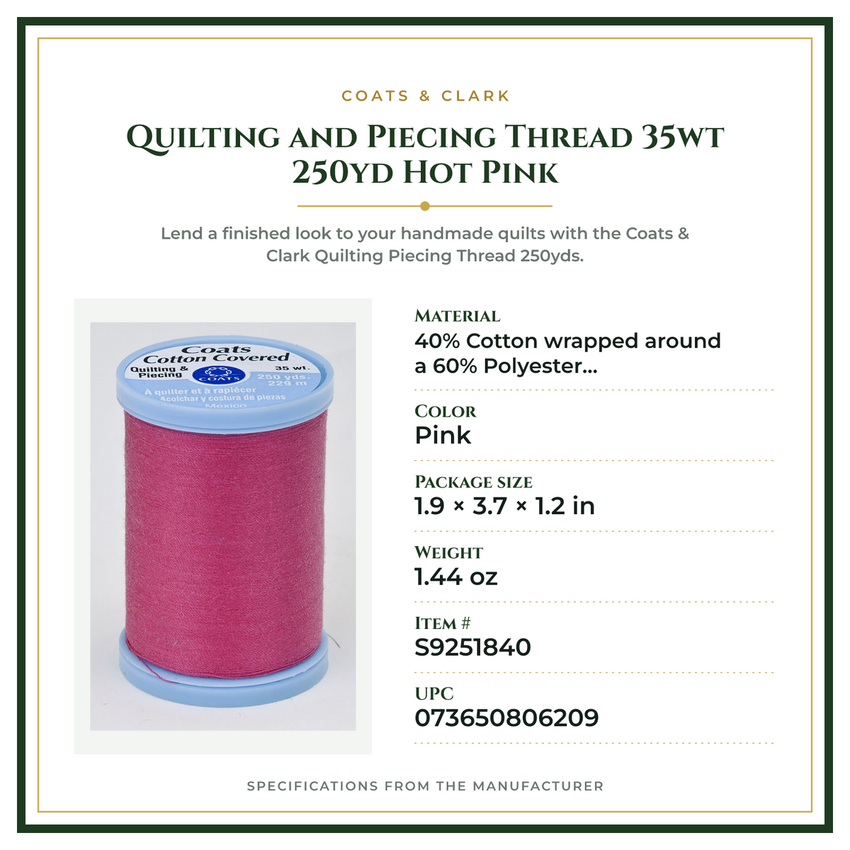 Product Specifications – Quilting and Piecing Thread 35wt 250yd Hot Pink
