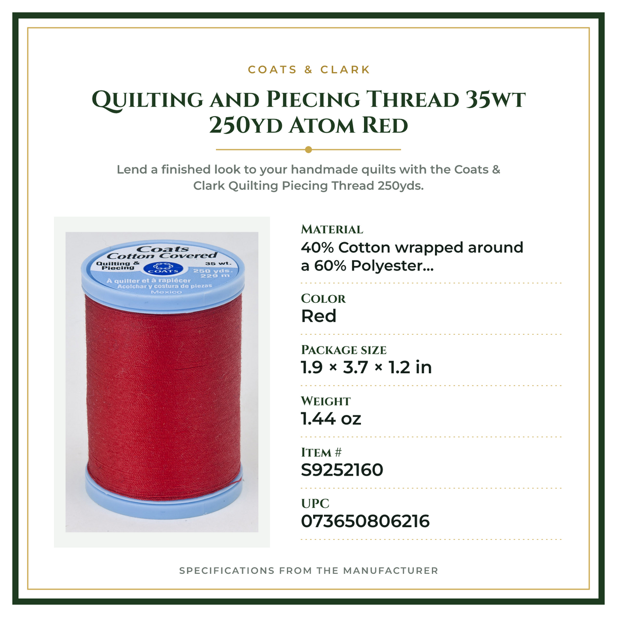 Product Specifications – Quilting and Piecing Thread 35wt 250yd Atom Red