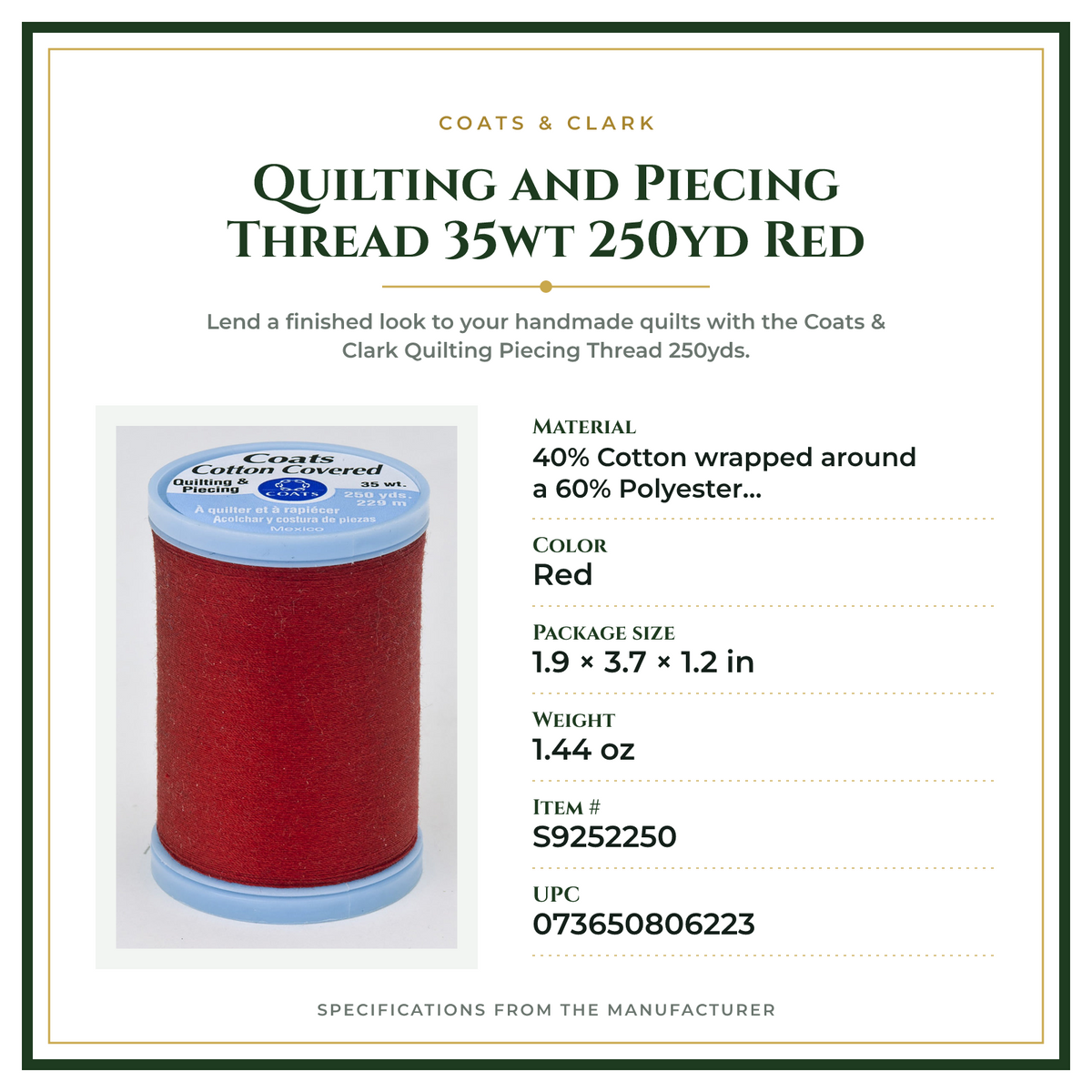 Product Specifications – Quilting and Piecing Thread 35wt 250yd Red