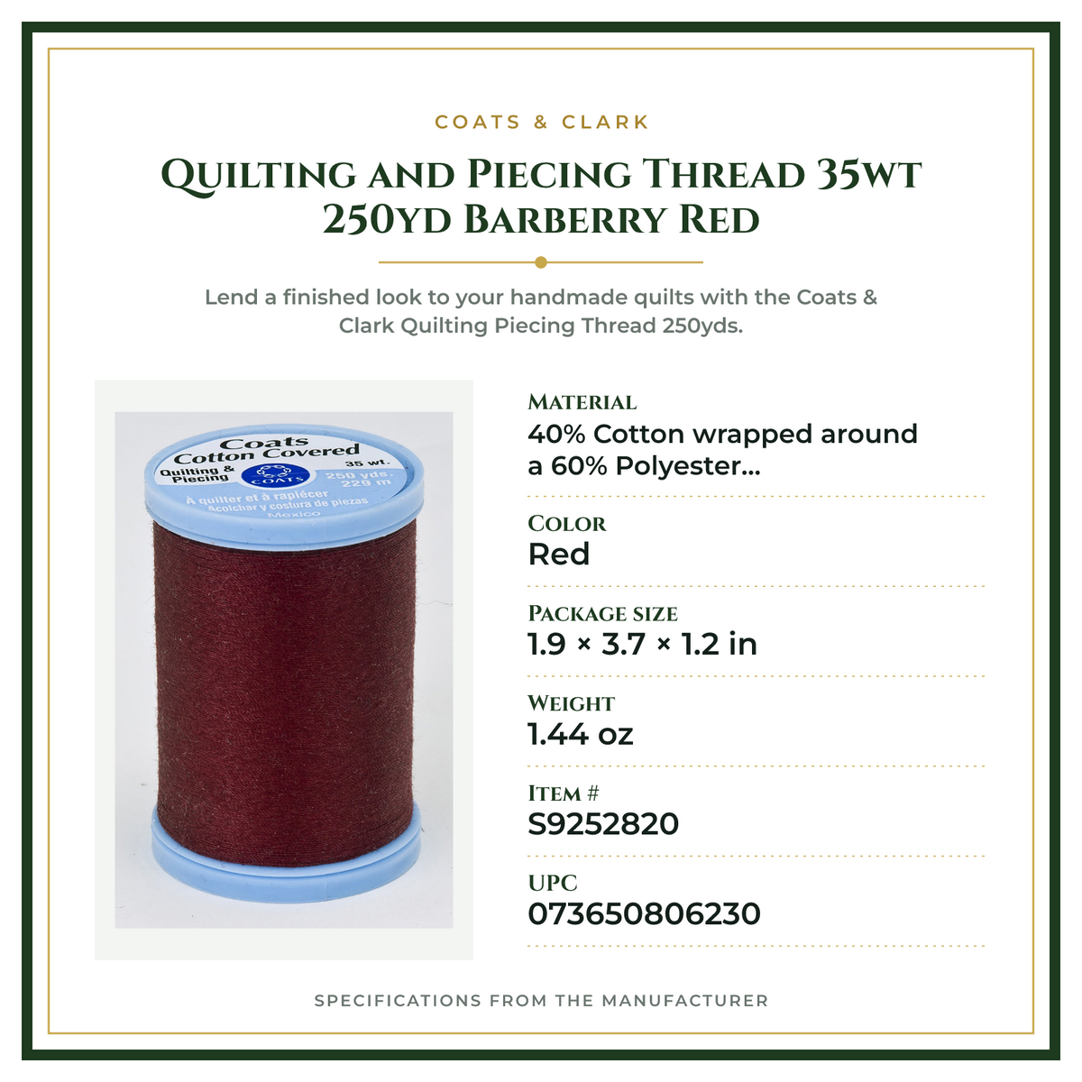 Product Specifications – Quilting and Piecing Thread 35wt 250yd Barberry Red