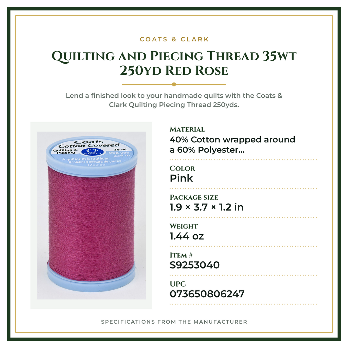 Product Specifications – Quilting and Piecing Thread 35wt 250yd Red Rose
