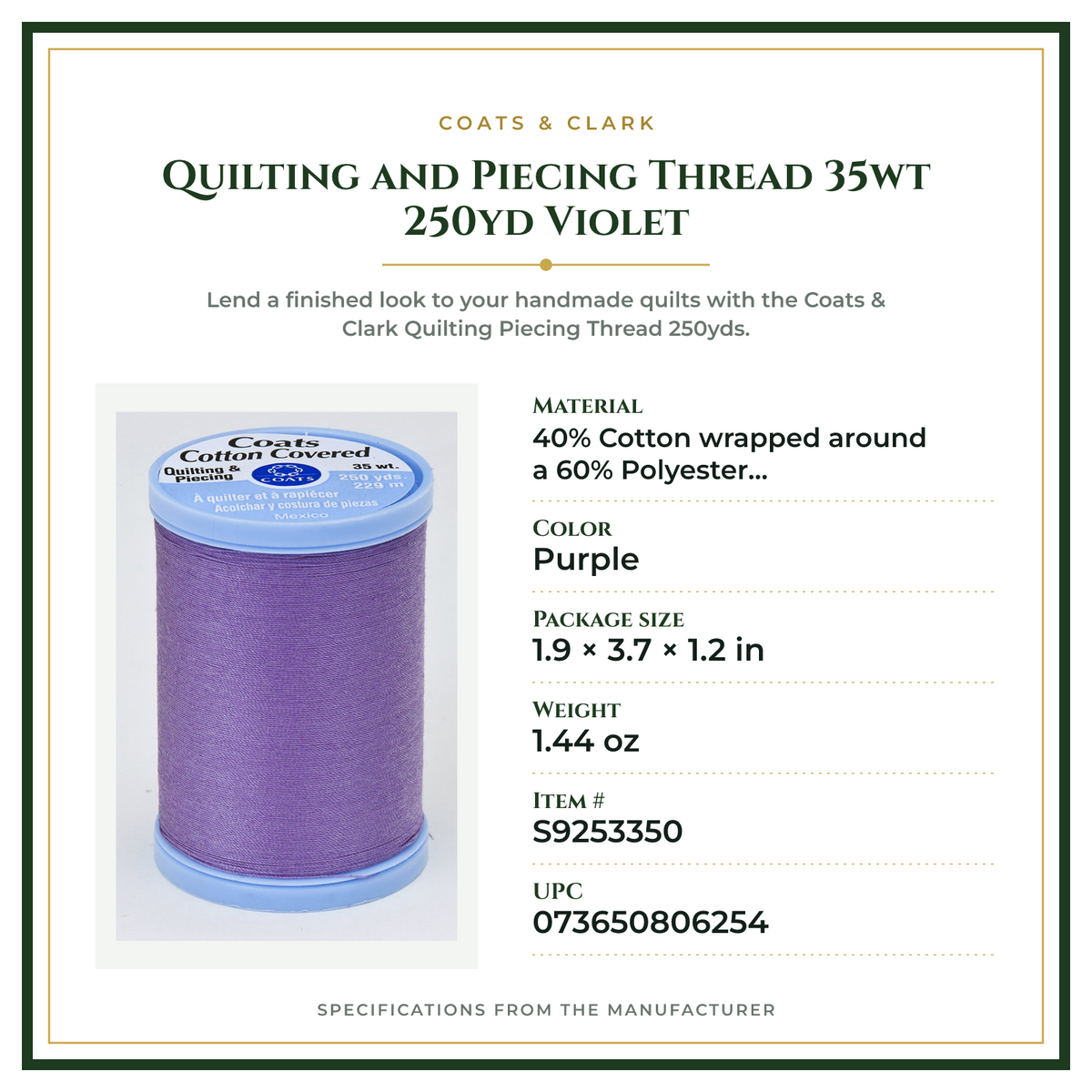 Product Specifications – Quilting and Piecing Thread 35wt 250yd Violet