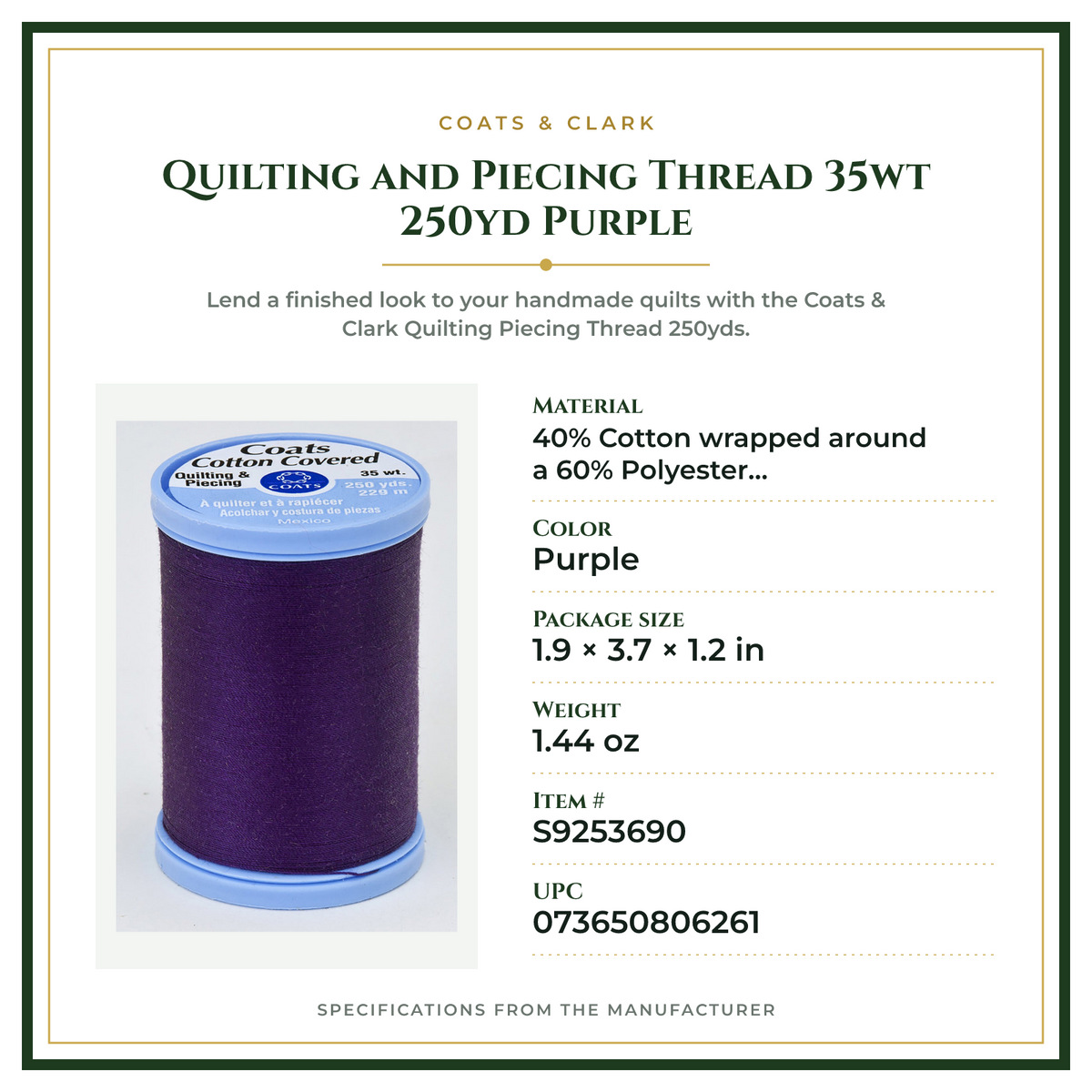 Product Specifications – Quilting and Piecing Thread 35wt 250yd Purple