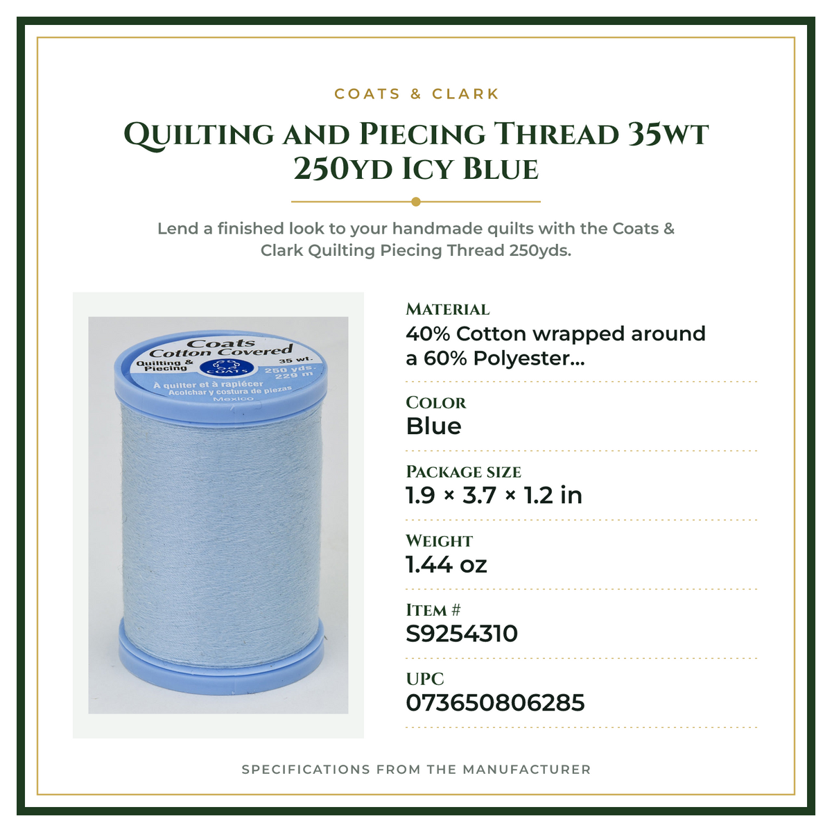 Product Specifications – Quilting and Piecing Thread 35wt 250yd Icy Blue