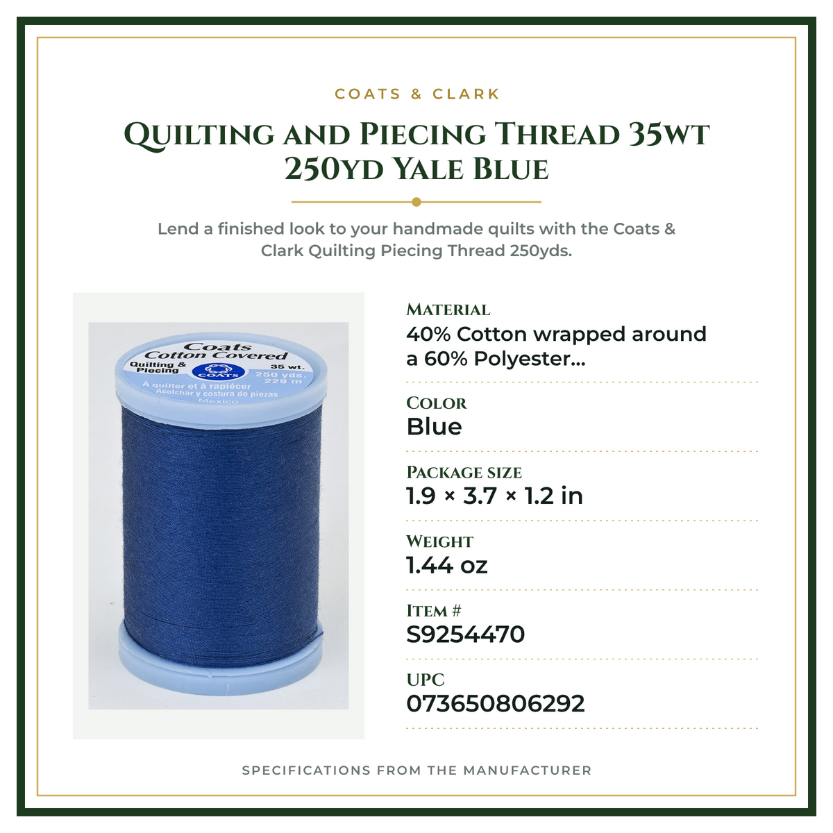 Product Specifications – Quilting and Piecing Thread 35wt 250yd Yale Blue