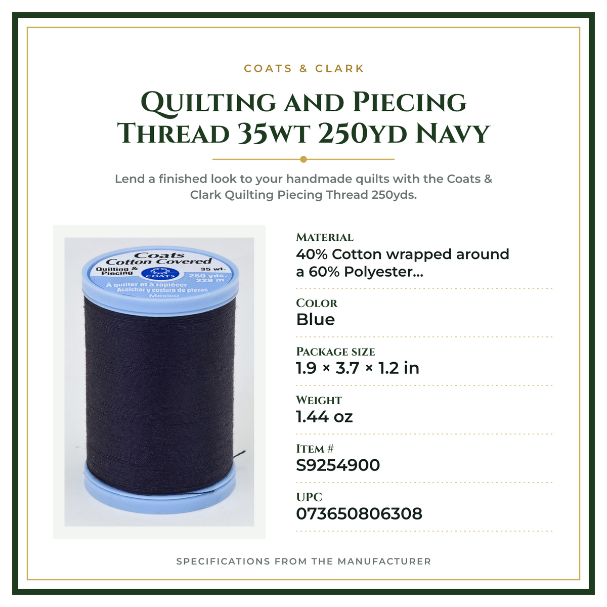 Product Specifications – Quilting and Piecing Thread 35wt 250yd Navy