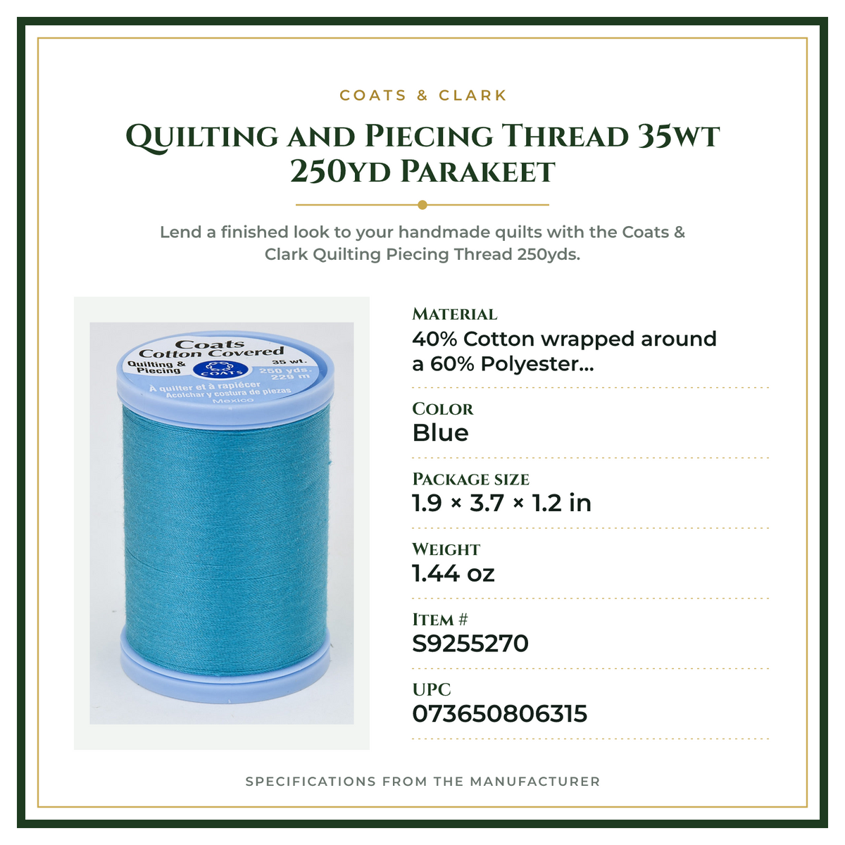 Product Specifications – Quilting and Piecing Thread 35wt 250yd Parakeet