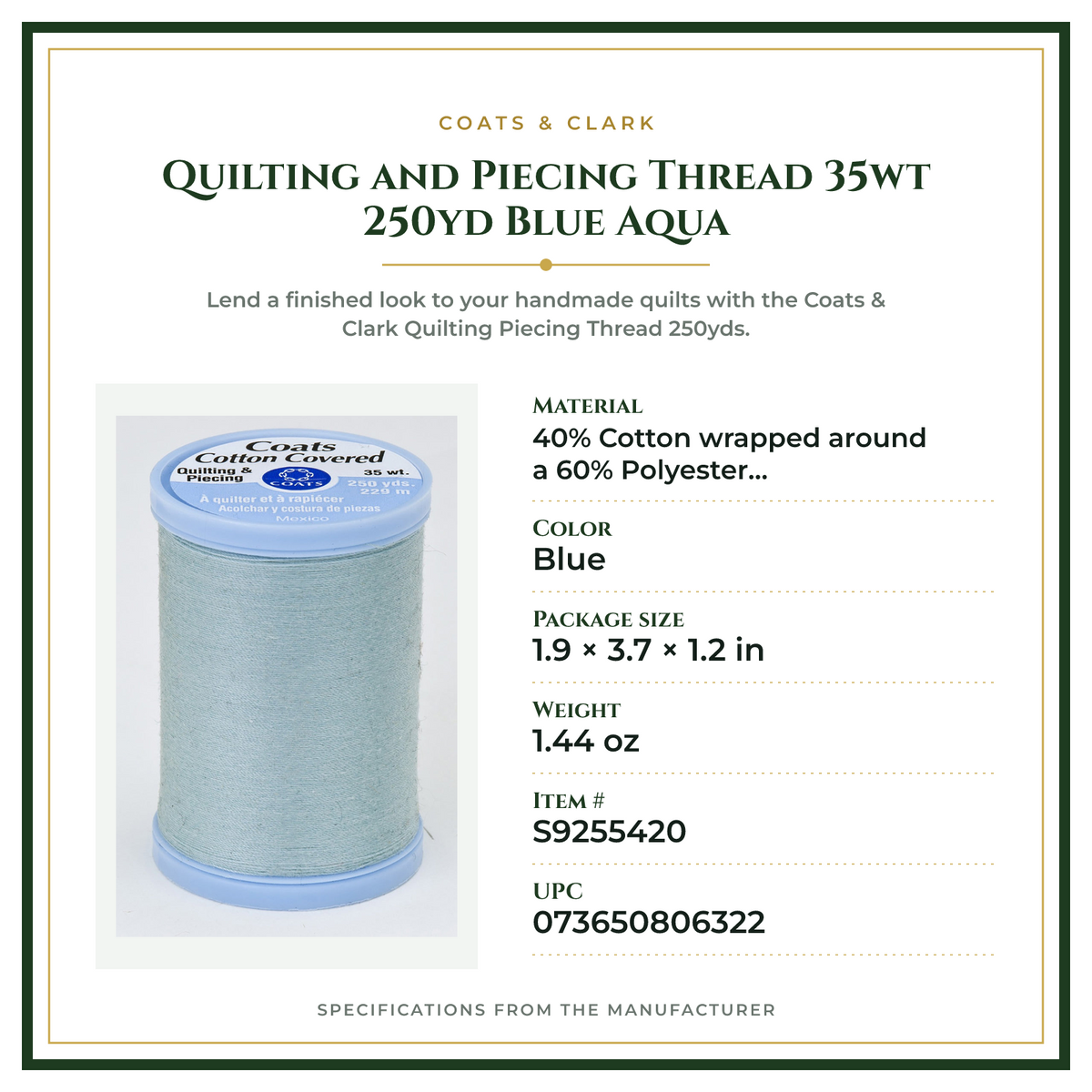 Product Specifications – Quilting and Piecing Thread 35wt 250yd Blue Aqua