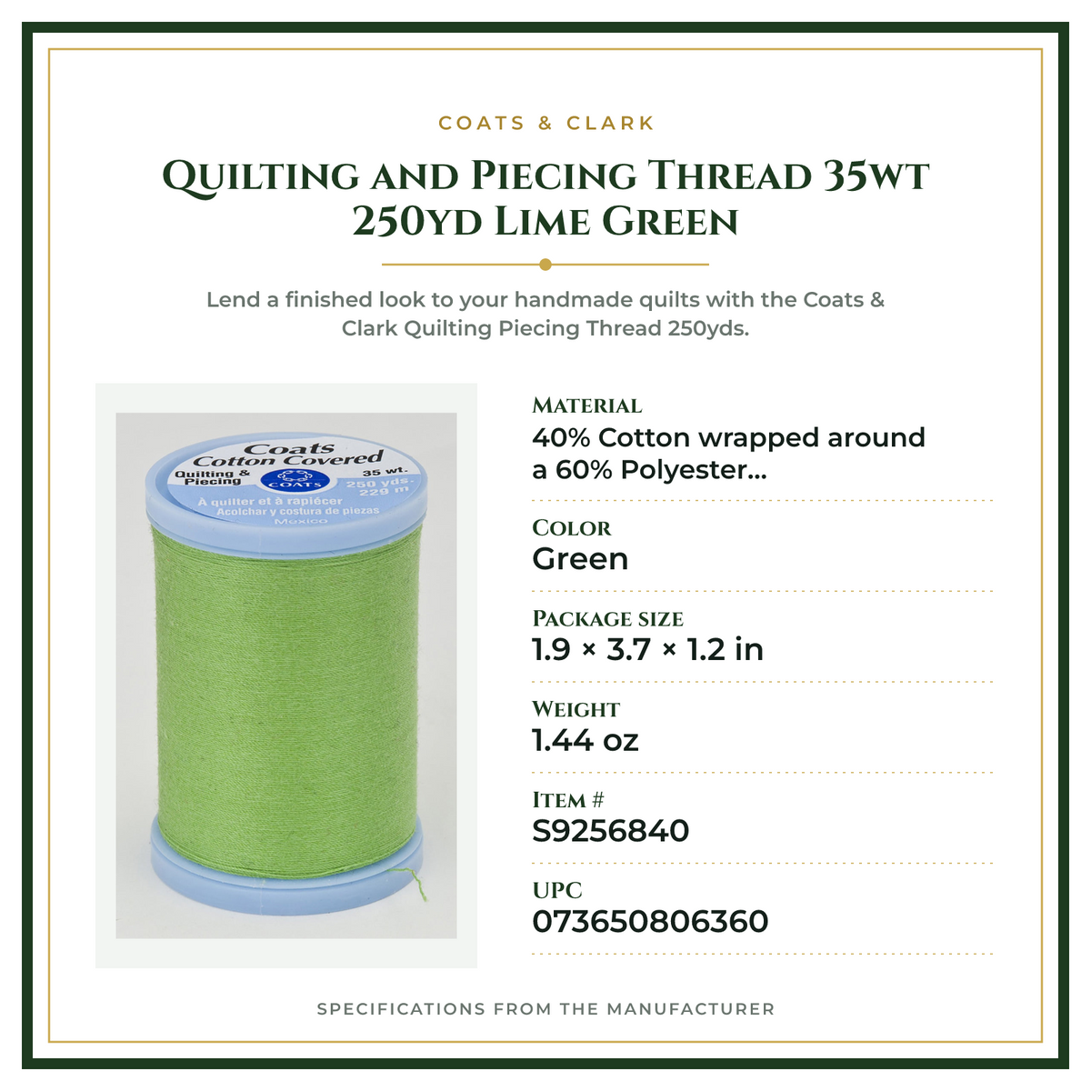 Product Specifications – Quilting and Piecing Thread 35wt 250yd Lime Green