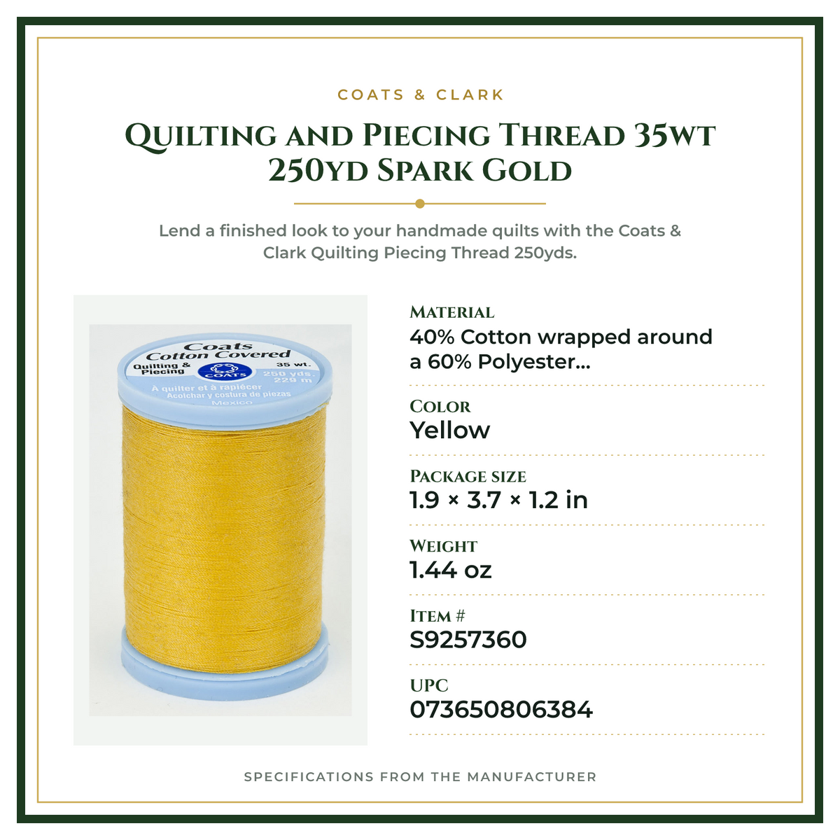 Product Specifications – Quilting and Piecing Thread 35wt 250yd Spark Gold