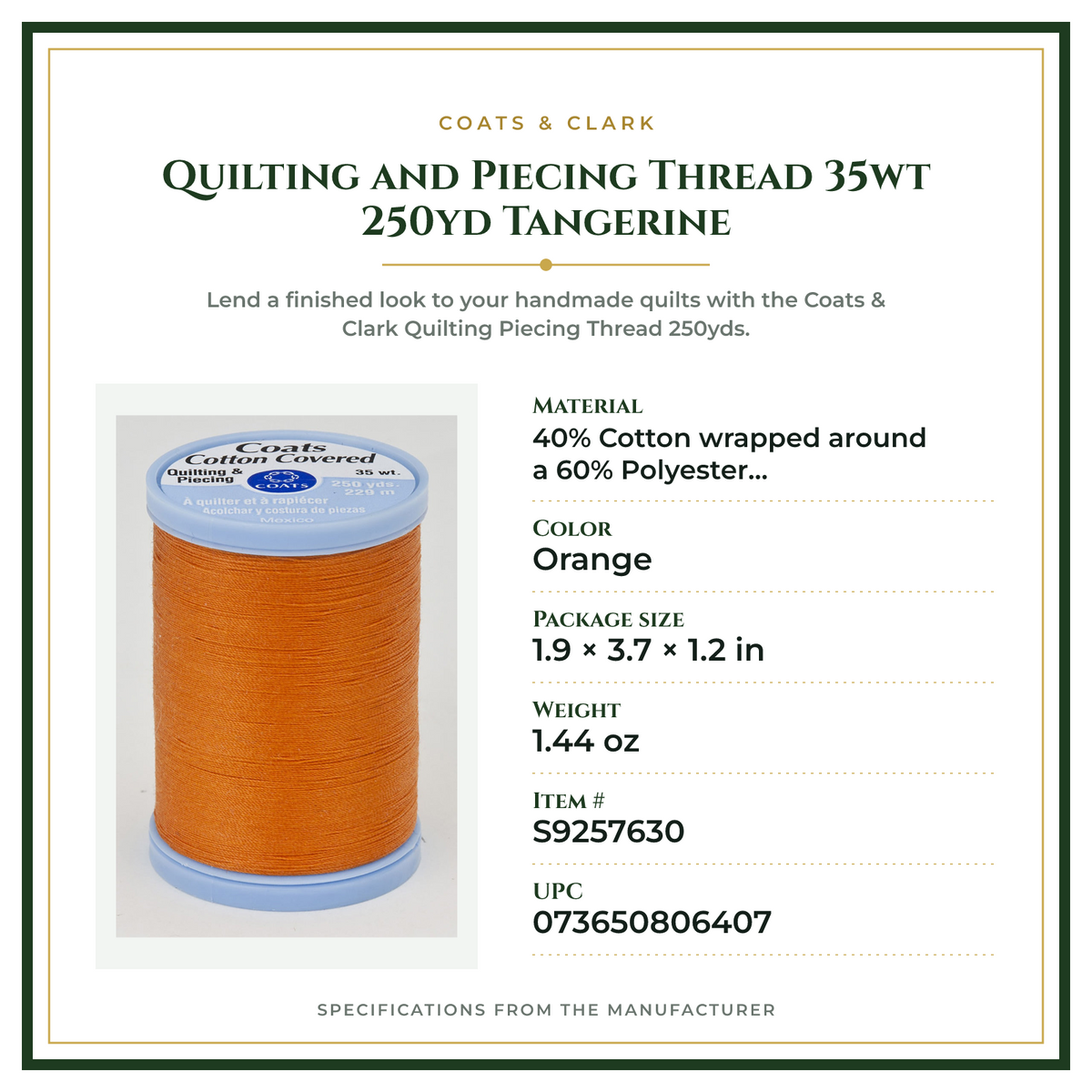 Product Specifications – Quilting and Piecing Thread 35wt 250yd Tangerine