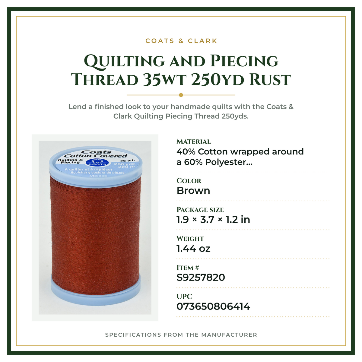 Product Specifications – Quilting and Piecing Thread 35wt 250yd Rust