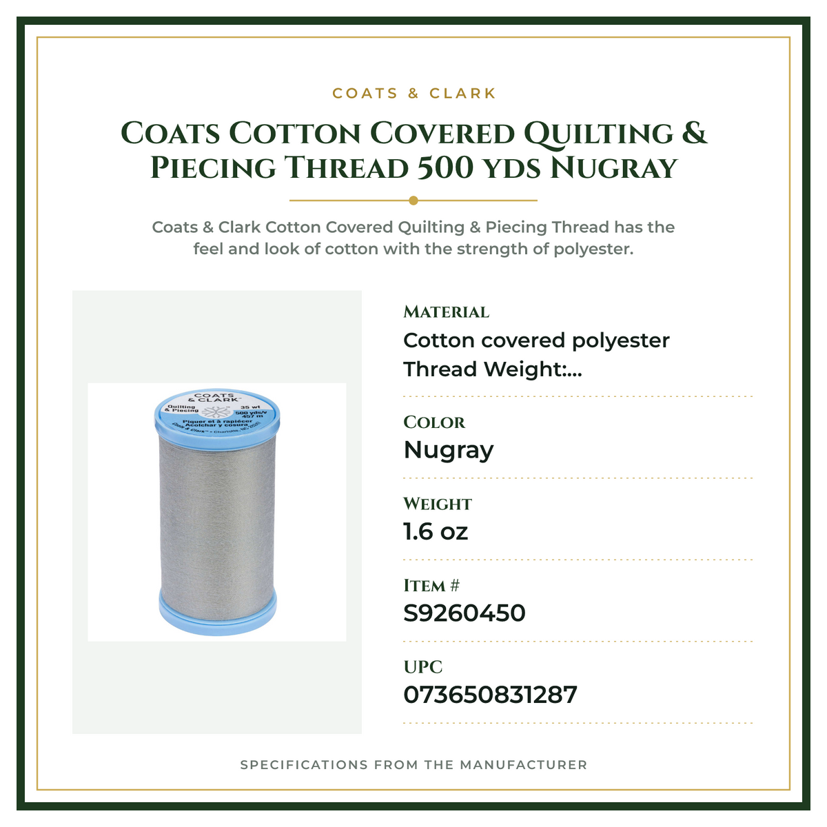 Product Specifications – Coats Cotton Covered Quilting & Piecing Thread 500 yds Nugray