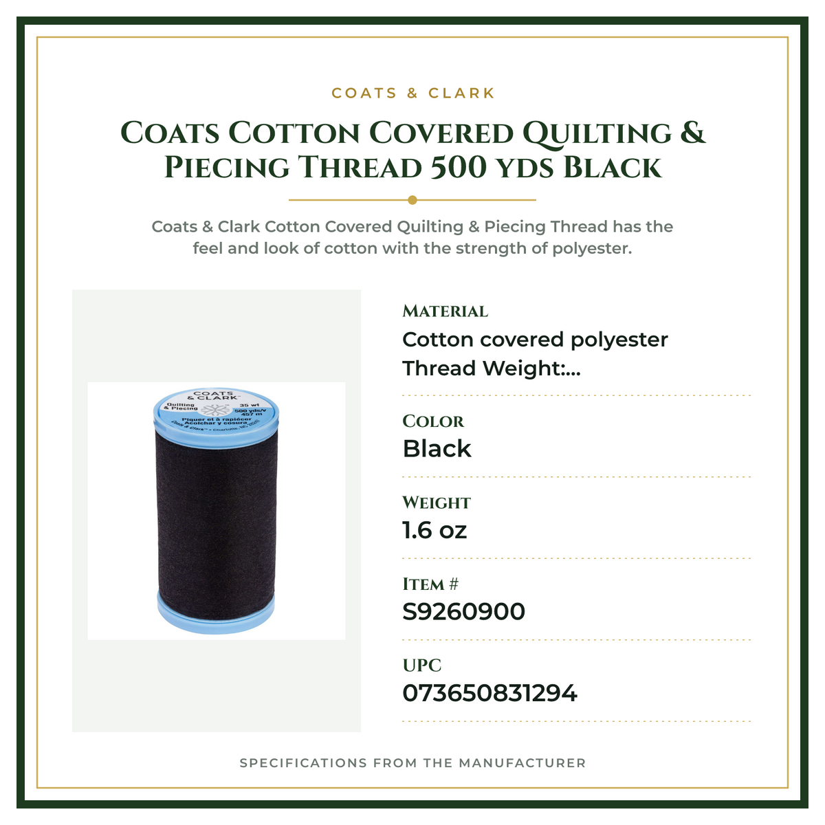Product Specifications – Coats Cotton Covered Quilting & Piecing Thread 500 yds Black