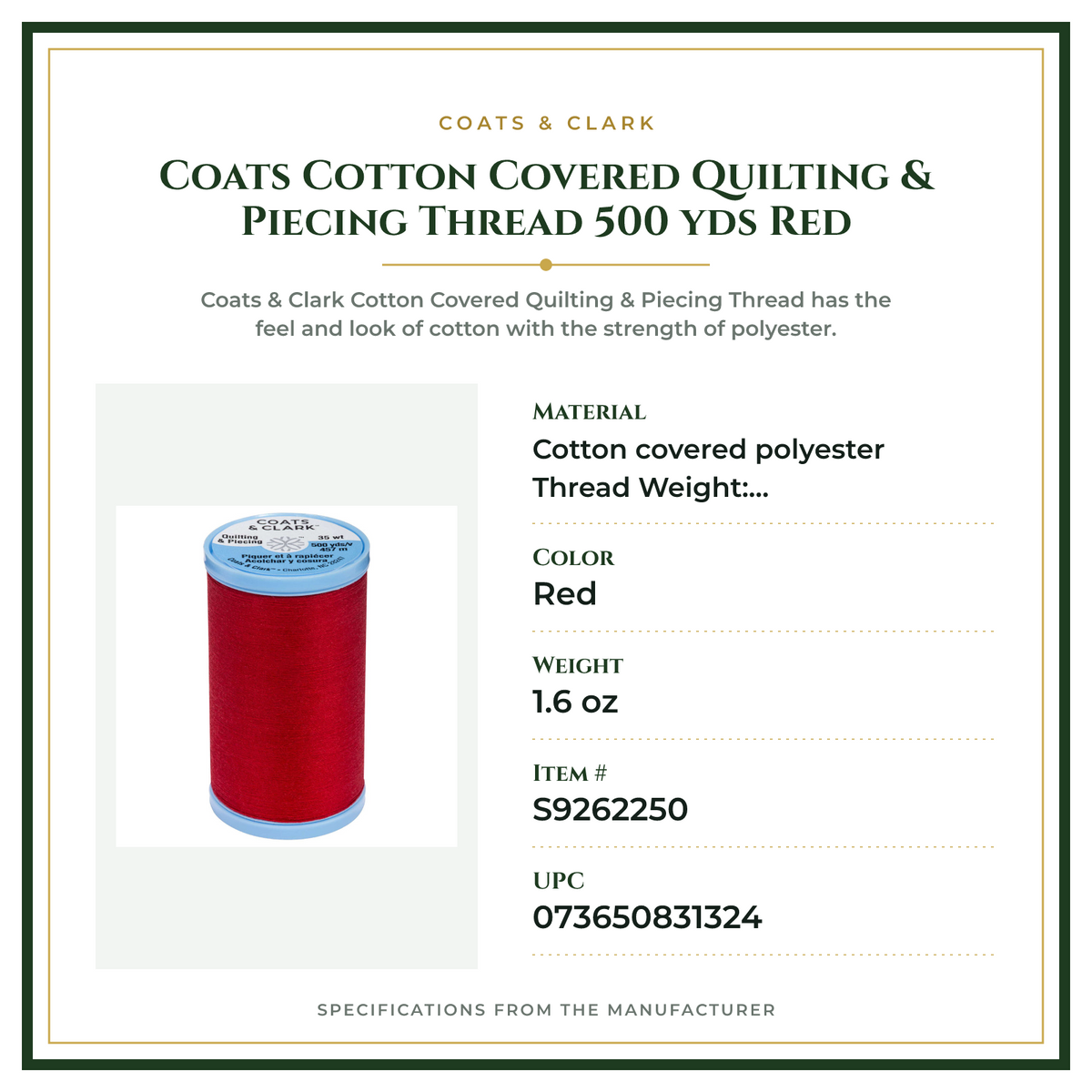 Product Specifications – Coats Cotton Covered Quilting & Piecing Thread 500 yds Red