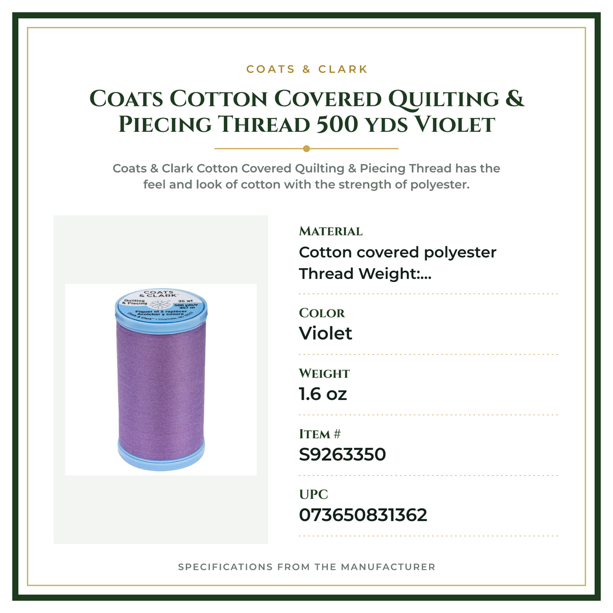Product Specifications – Coats Cotton Covered Quilting & Piecing Thread 500 yds Violet