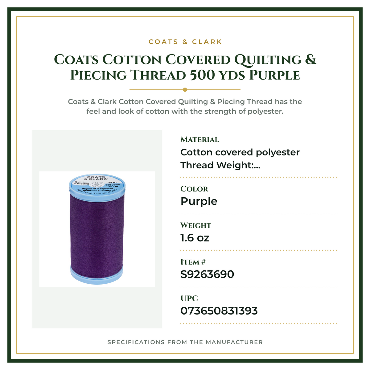 Product Specifications – Coats Cotton Covered Quilting & Piecing Thread 500 yds Purple