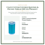 Product Specifications – Coats Cotton Covered Quilting & Piecing Thread 500 yds Parakeet