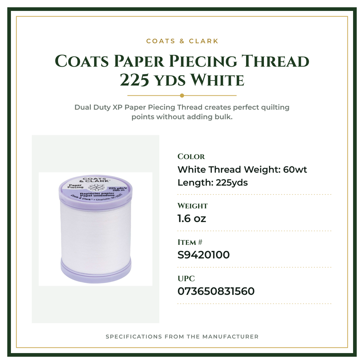 Product Specifications – Coats Paper Piecing Thread 225 yds White